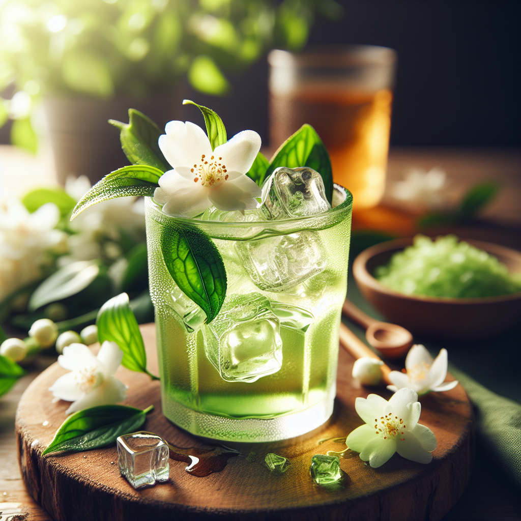 Ly trà lài ướp lạnh với đá và vài lát chanh trên bàn gỗ, xung quanh là hoa lài tươi.