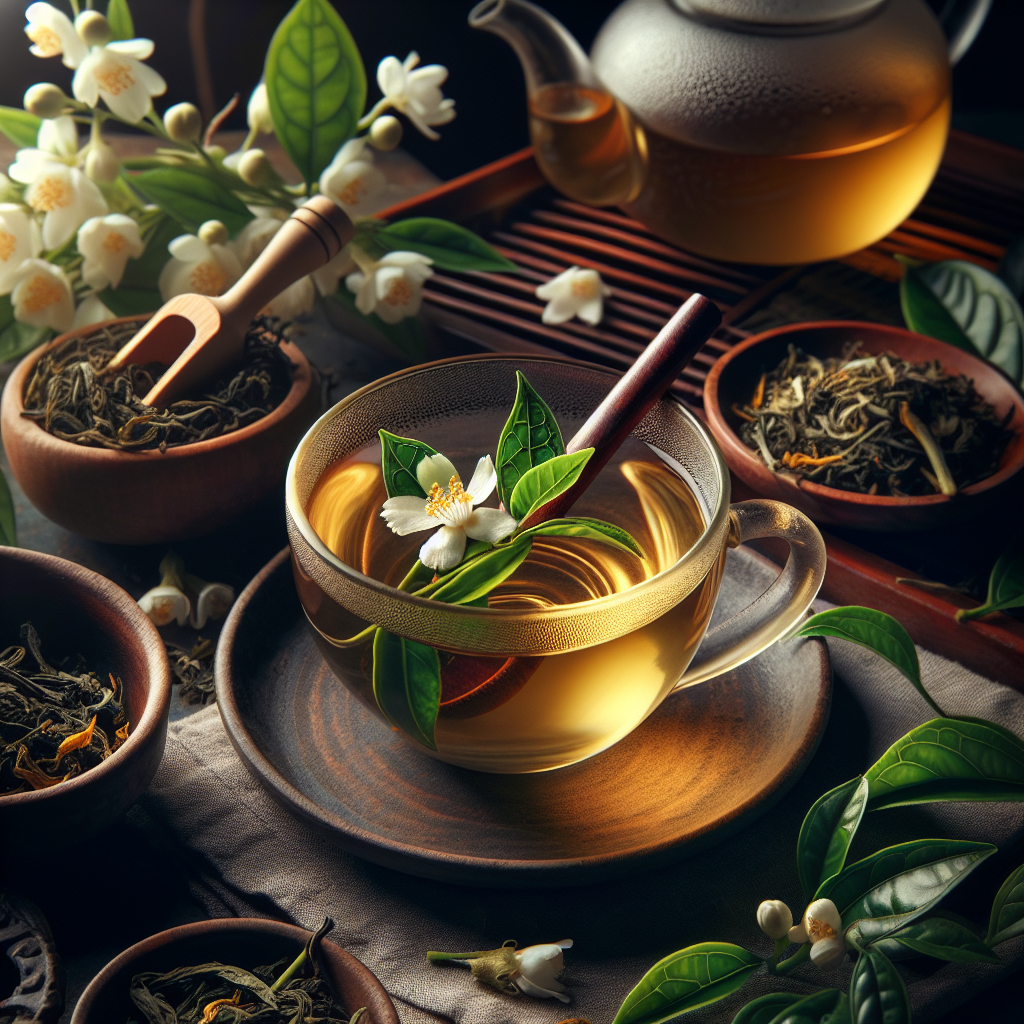 chén trà lài thơm ngon bên tách trà nghi ngút khói, cánh trà xanh mướt, hình ảnh tĩnh vật