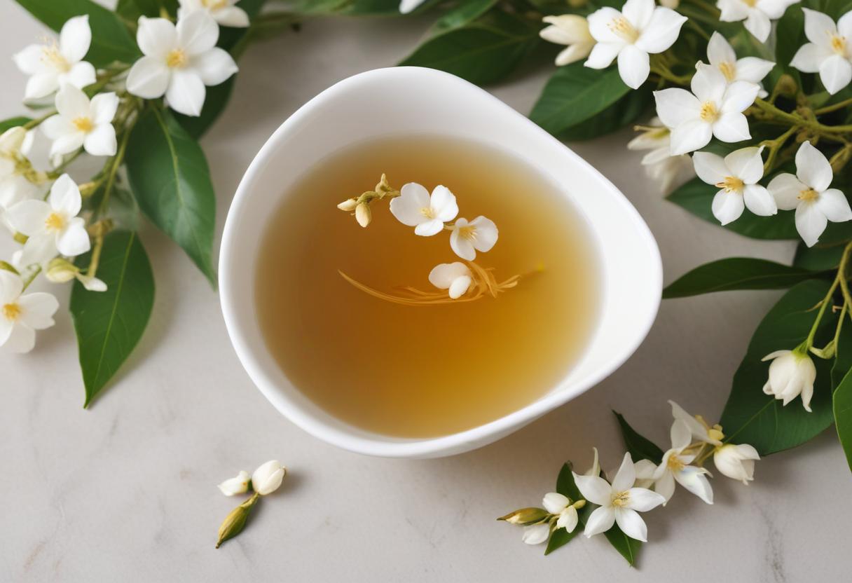 Tách trà Hương Lài cao cấp Newtea với hoa nhài tươi, biểu thị lựa chọn hoàn hảo cho thư giãn