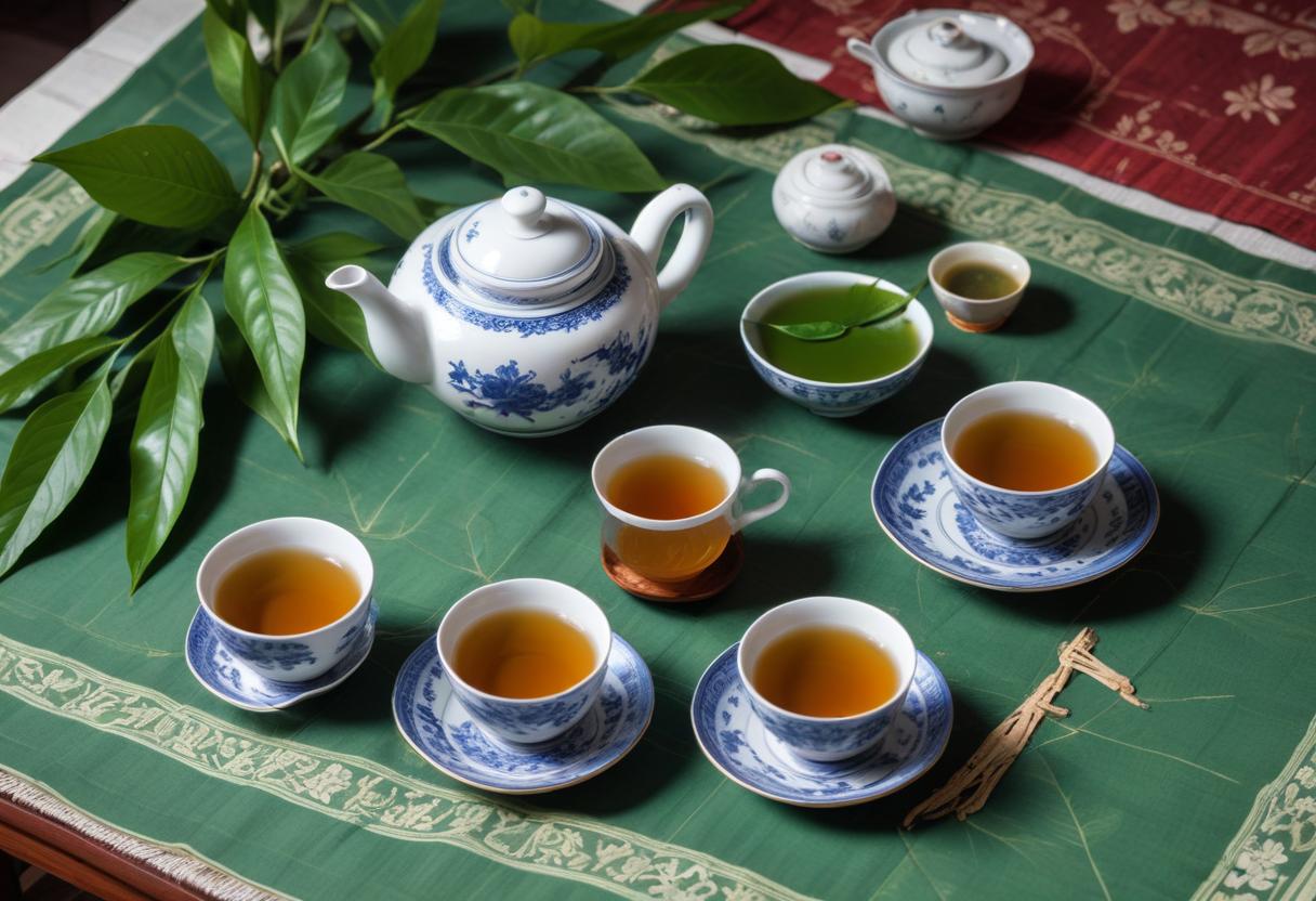 Bộ trà Việt cổ điển với ấm trà sứ và chén trà nhỏ trên nền khăn trải bàn truyền thống.