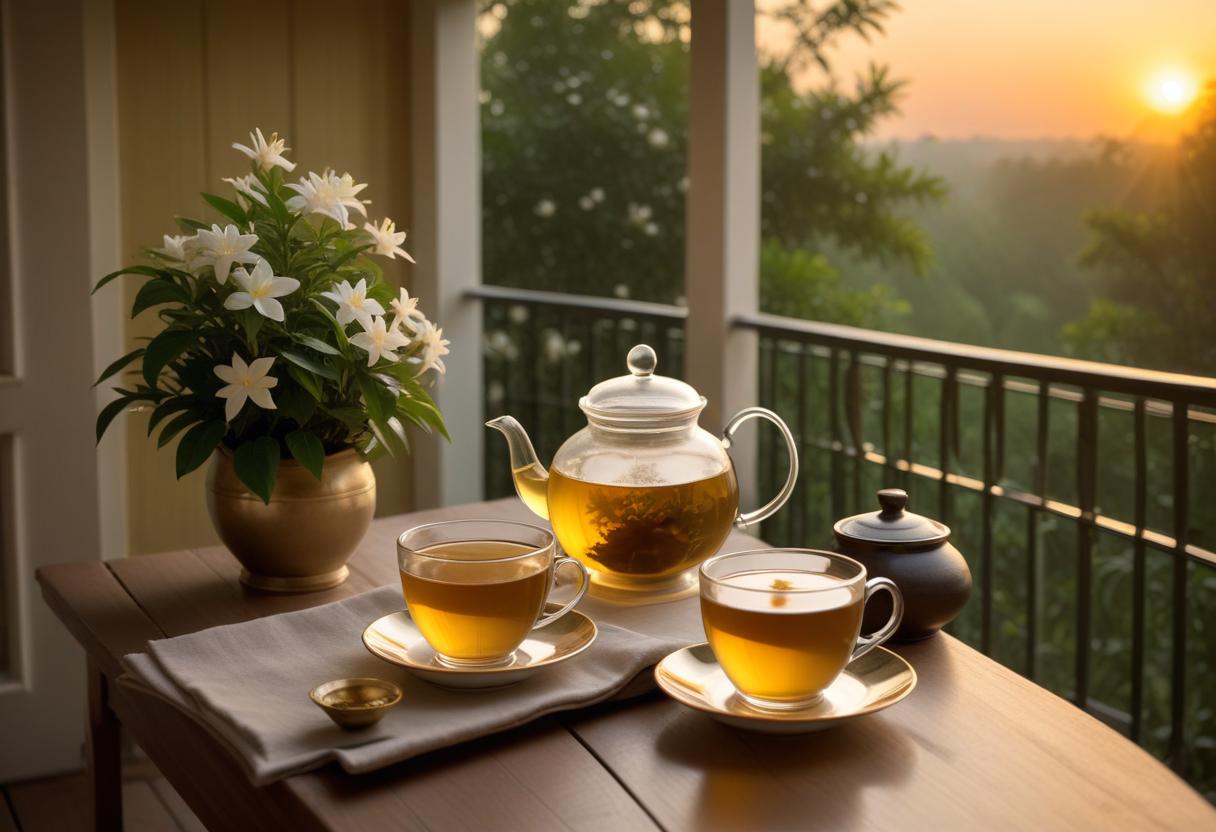 Buổi chiều thư giãn với trà lài và không gian yên bình, hoa lài nở rộ.