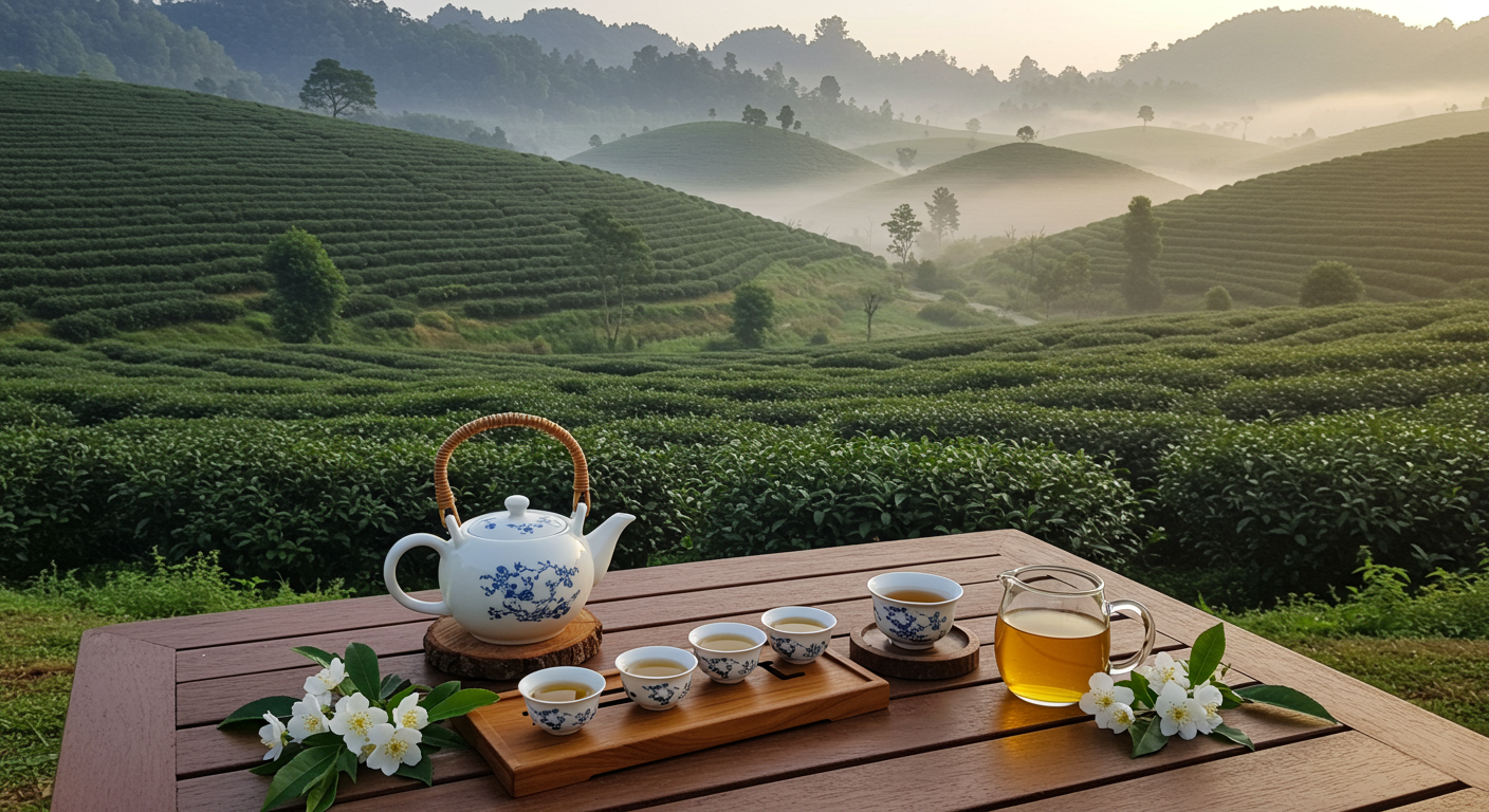 Khung cảnh thanh bình của vườn trà, nơi những cây trà xanh tươi tốt dưới ánh nắng buổi sáng nhẹ nhàng. Cảm giác hòa quyện với thiên nhiên, thích hợp cho những ai yêu thích trà và mong muốn tìm kiếm sự thư giãn.