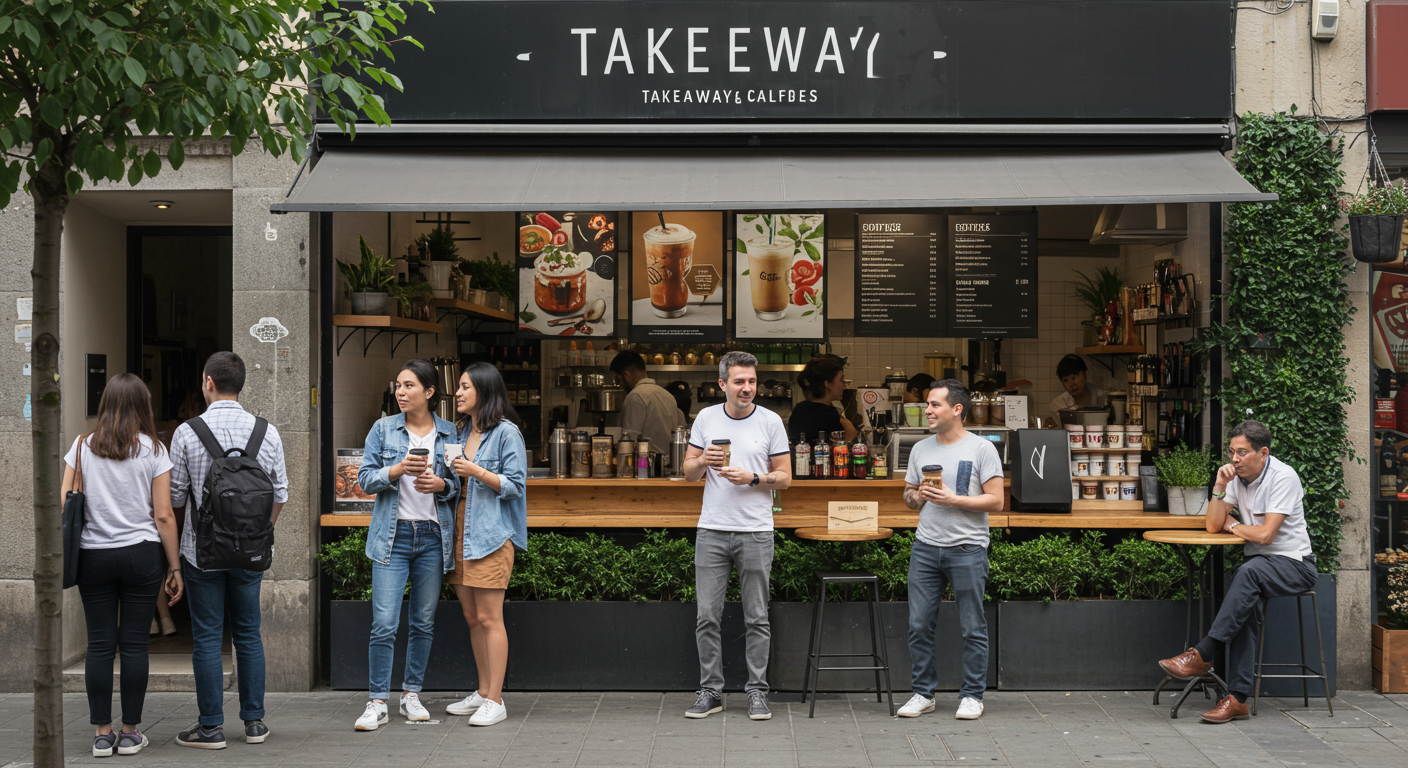 Khung cảnh sôi động của quán cafe takeaway hiện đại, nơi mọi người tận hưởng sự tiện lợi và nhanh chóng trong cuộc sống bận rộn.
