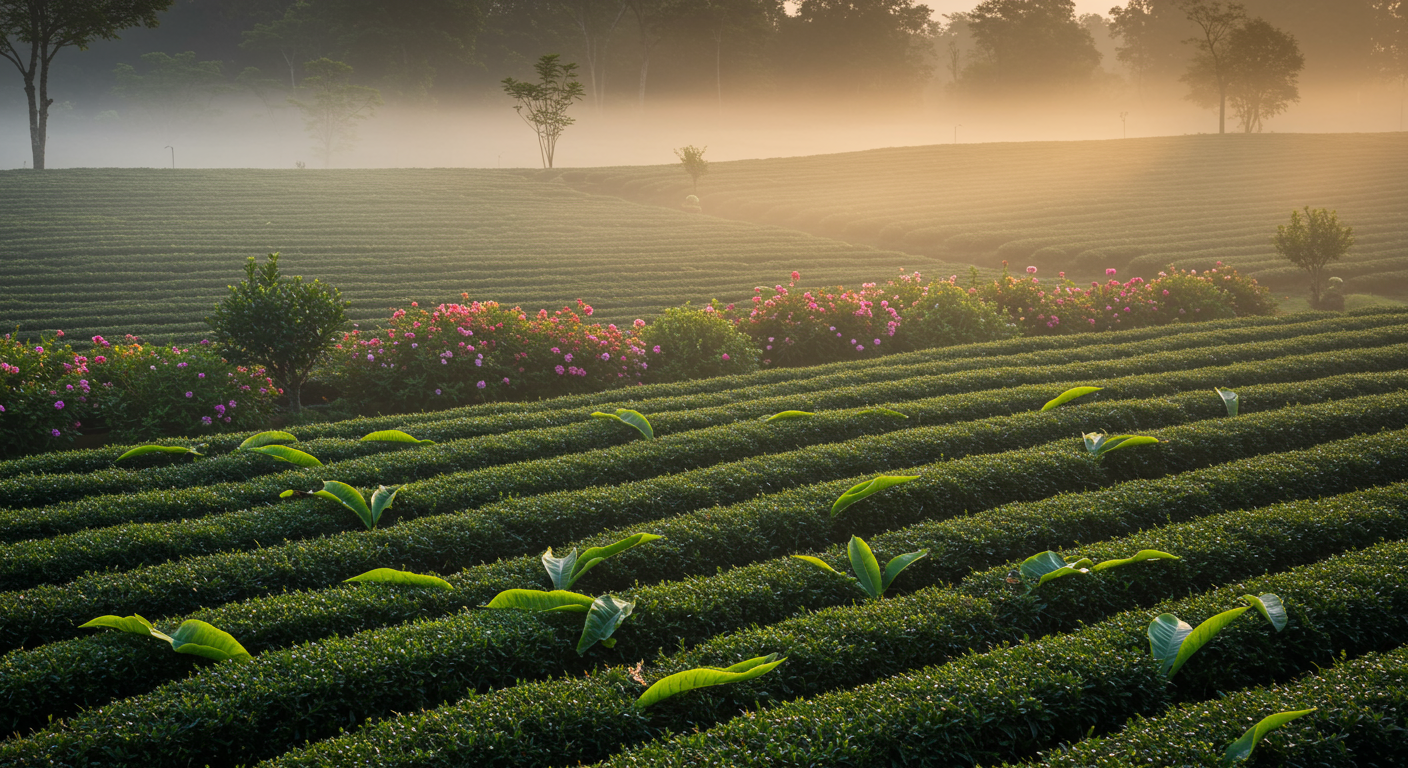 Hình ảnh một khu vườn trà tĩnh lặng vào lúc bình minh, thể hiện vẻ đẹp và sức sống của tự nhiên.