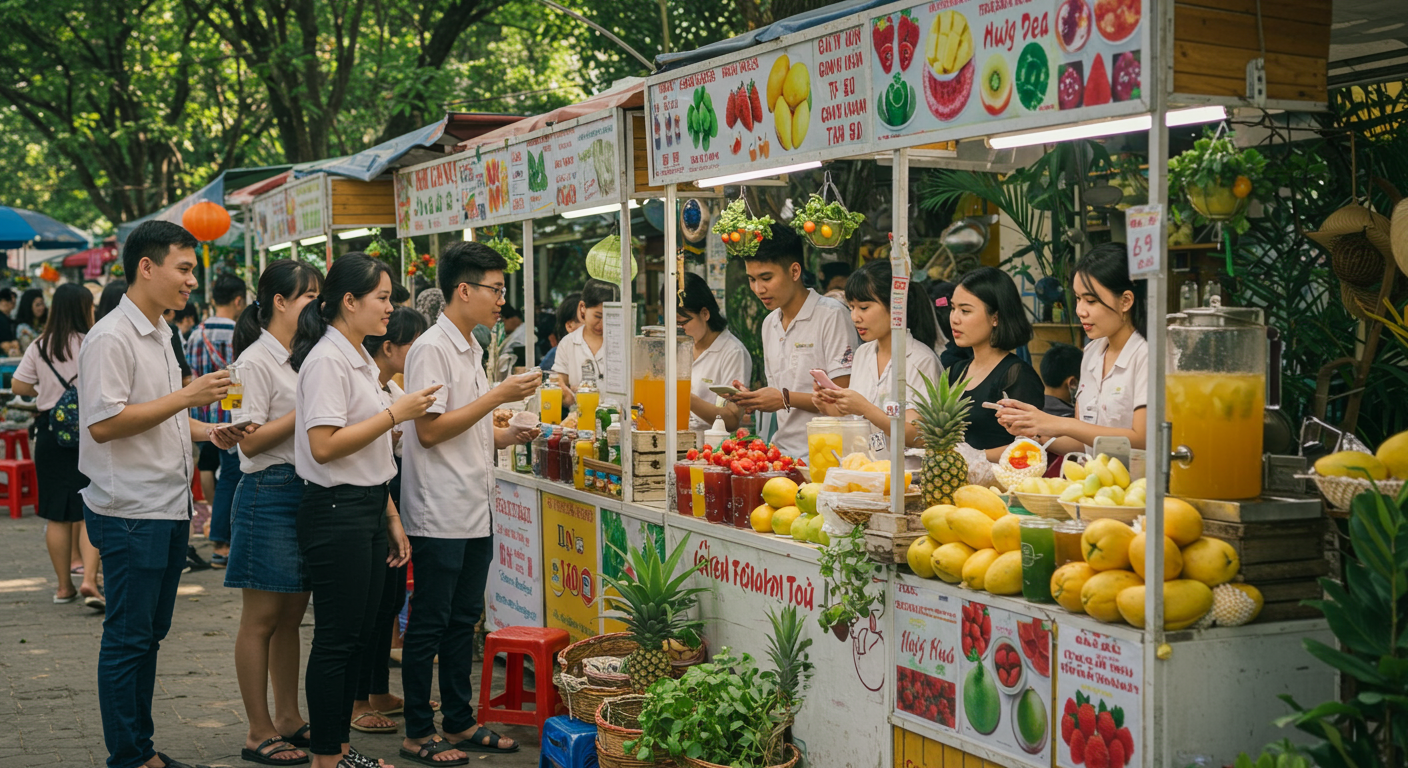 Khung cảnh sôi động tại một chợ đồ uống, đầy sắc màu của các quầy trà trái cây thu hút người tiêu dùng trẻ tuổi.