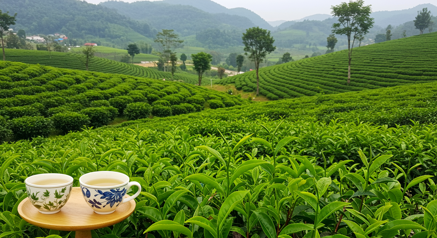 Khung cảnh vườn trà thanh bình, nơi các loại trà phát triển trong ánh nắng dịu dàng, tạo cảm giác thư giãn và ấm áp cho khách hàng.