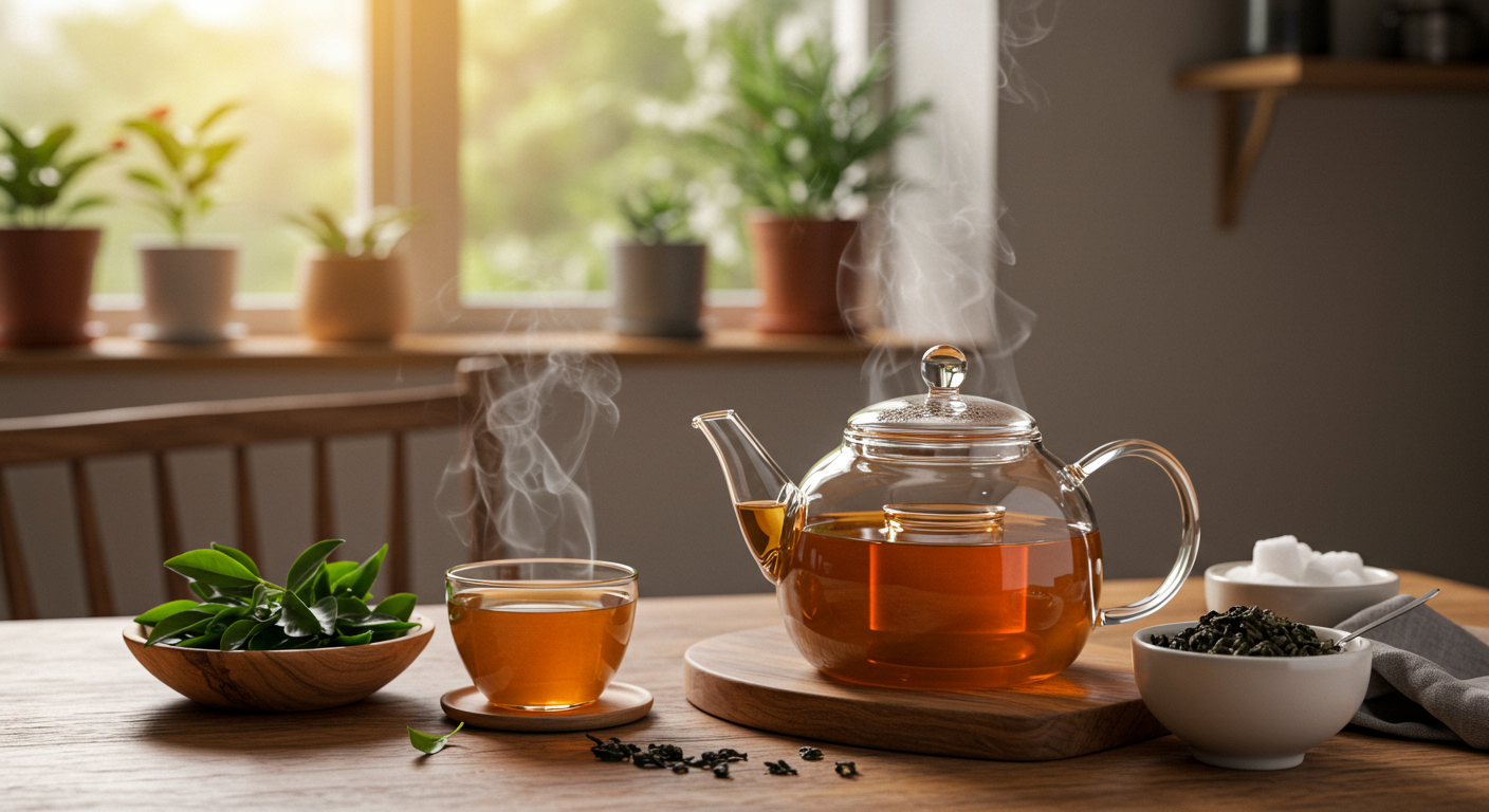 Hình ảnh tĩnh lặng về không gian pha trà ô long sữa tại nhà, mang đến cảm giác ấm áp và gần gũi.